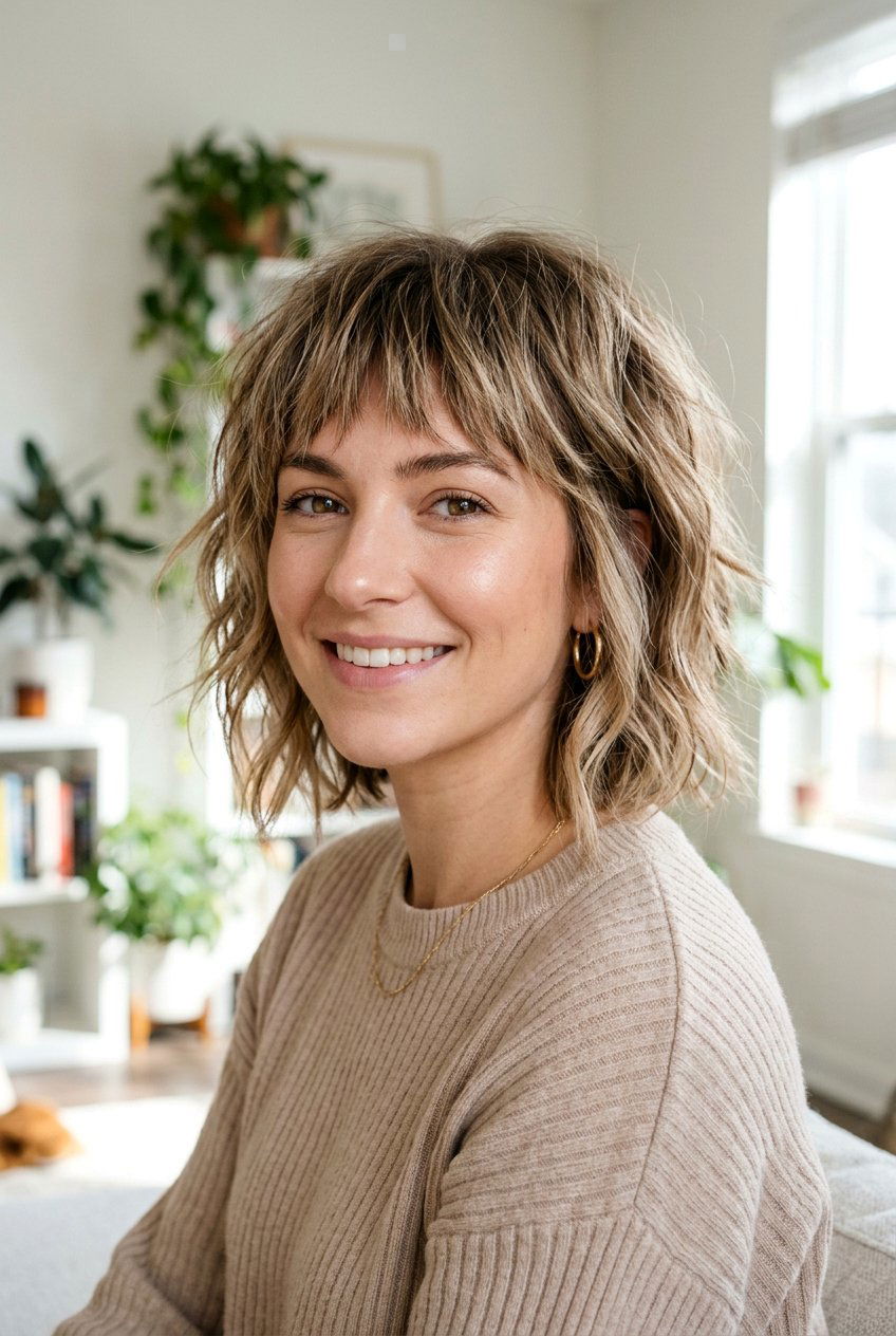 Messy bob with choppy bangs - 20 short hairstyles with bangs - 20 short hairstyles with bangs
