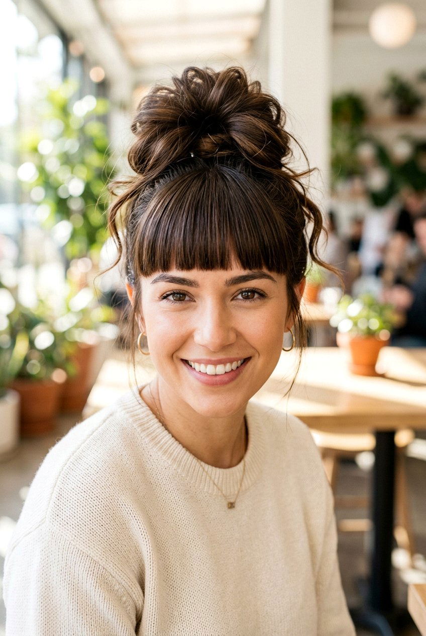 Messy bun blunt bangs - 20 blunt bangs hairstyles - 20 blunt bangs hairstyles