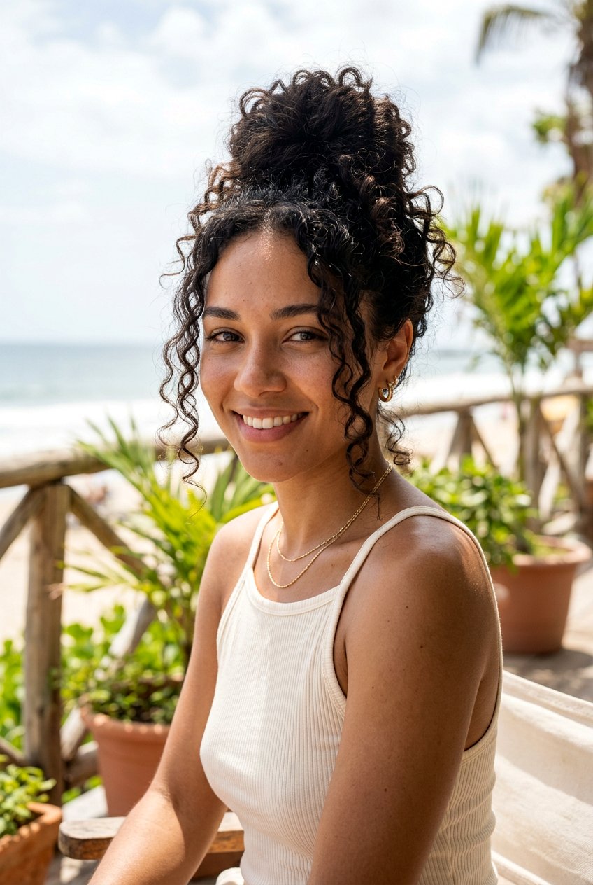 Messy bun curly hair - 20 beach hairstyle for curly hair women - 20 beach hairstyle for curly hair women