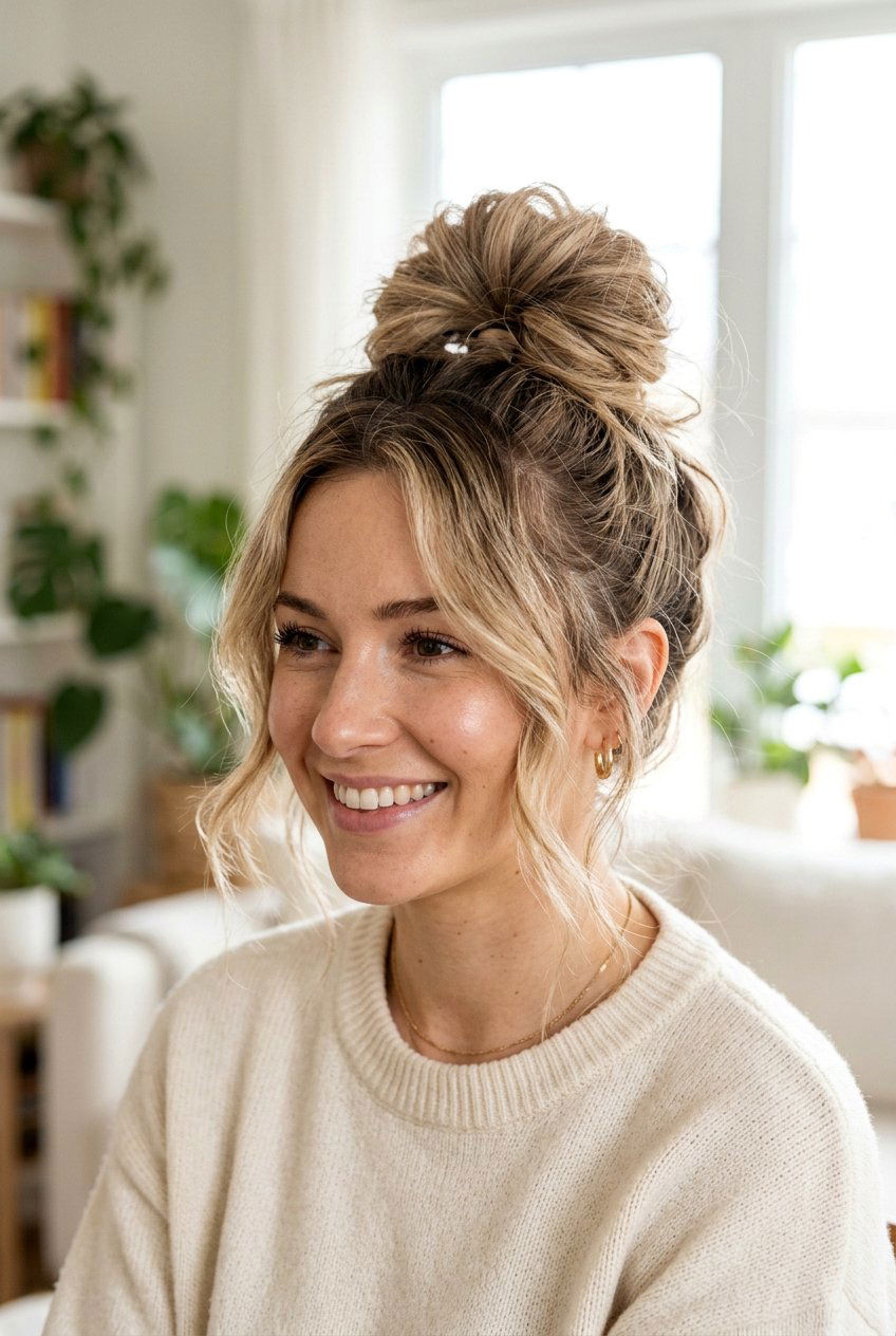 Messy bun updo - 20 hairstyles for double chin face - 20 hairstyles for double chin face