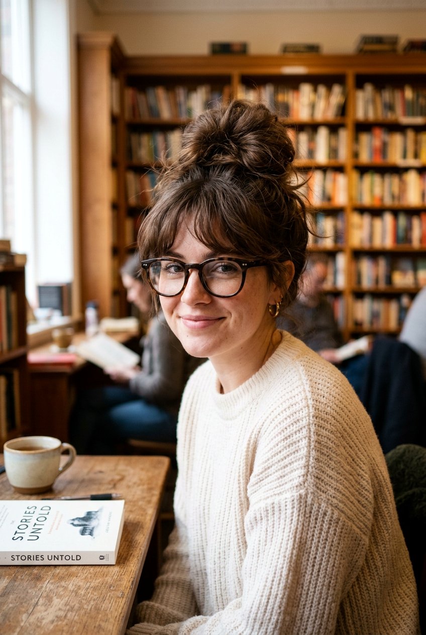 Messy bun with bangs and glasses - 20 dark academia bun for women - 20 dark academia bun for women