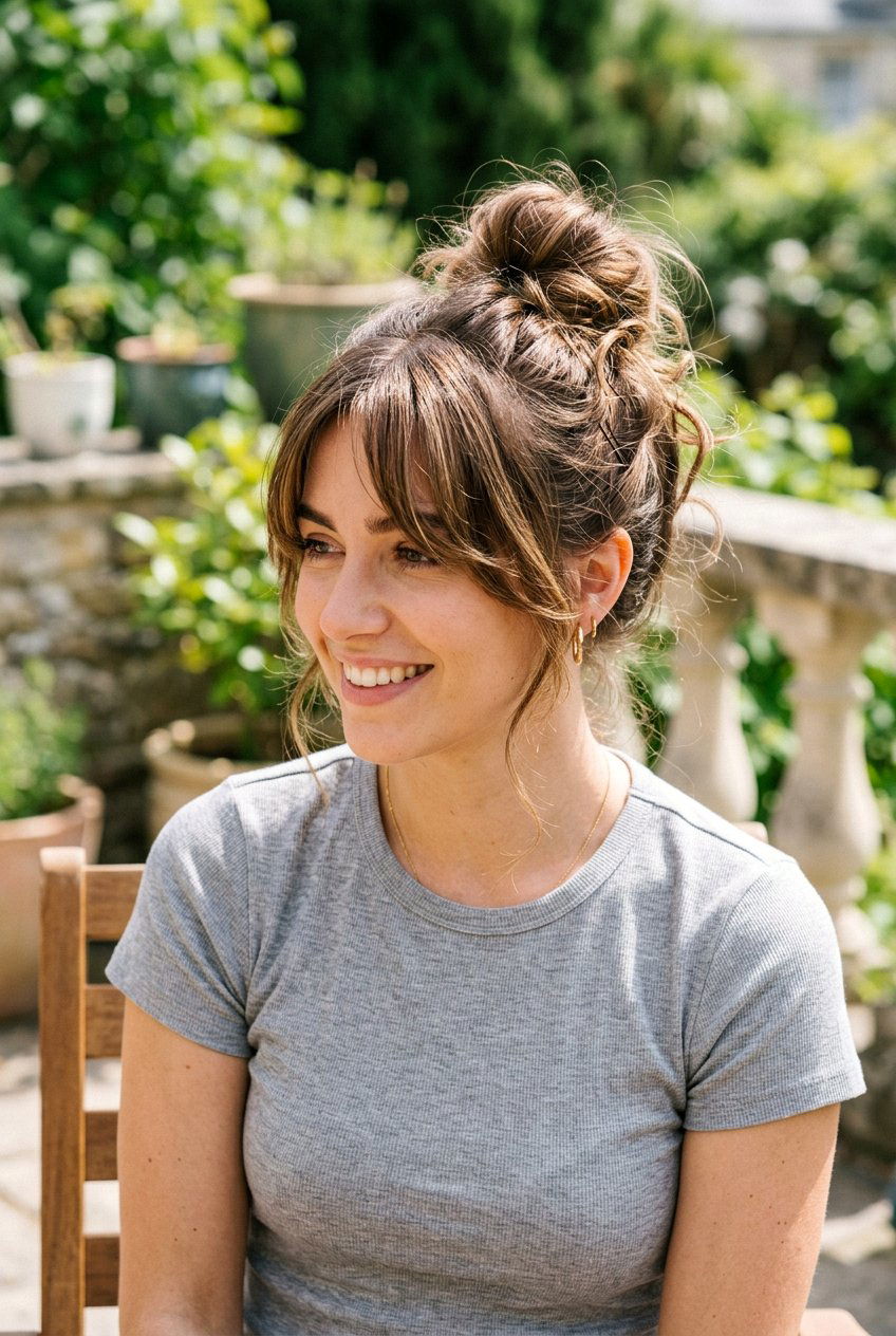 Messy bun with curtain bangs - 20 curtain bangs hairstyles - 20 curtain bangs hairstyles