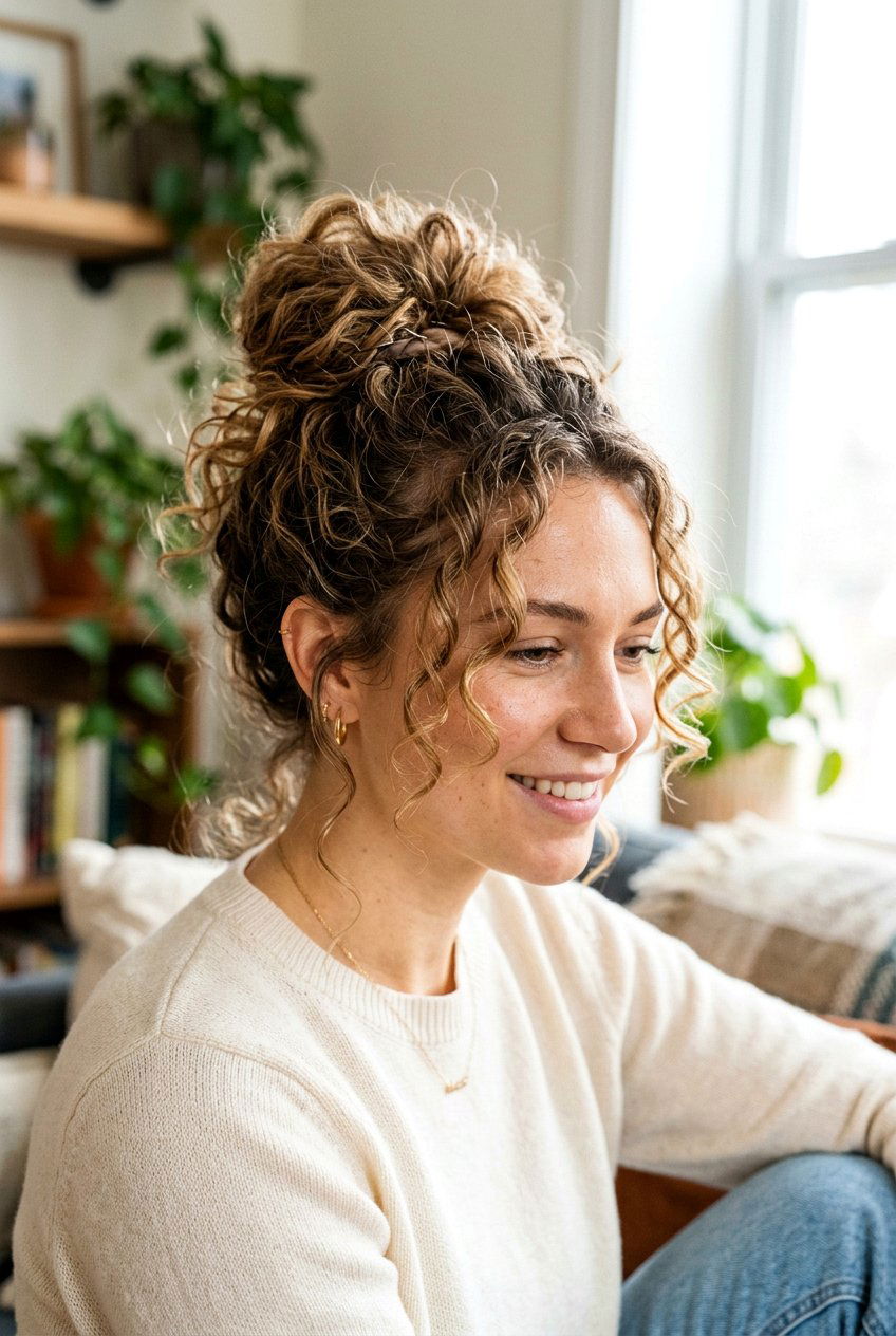 Messy bun with face framing tendrils - 20 hairstyles for oval faces - 20 hairstyles for oval faces