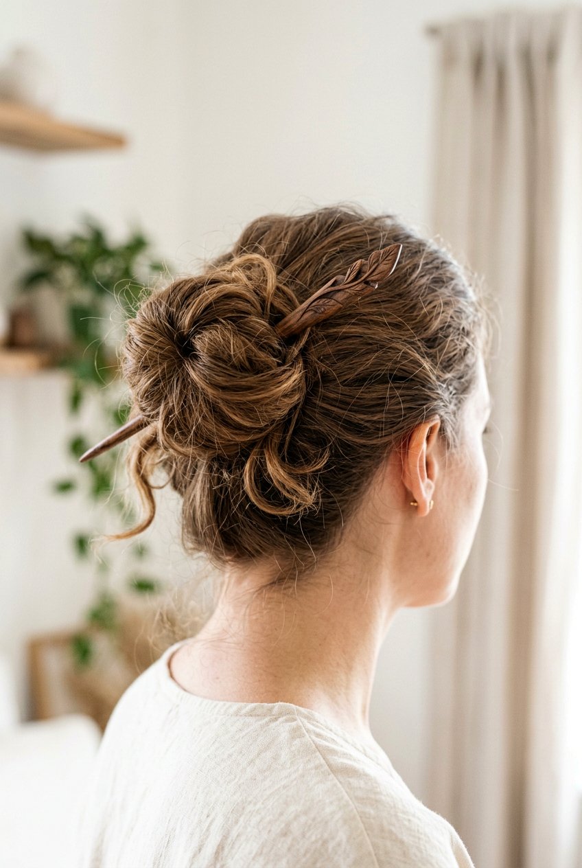 Messy bun with hair stick - 20 dark academia bun for women - 20 dark academia bun for women