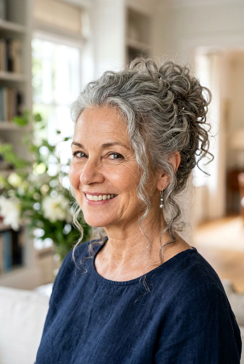 Messy curly bun - 20 curly hairstyles for older women - 20 curly hairstyles for older women