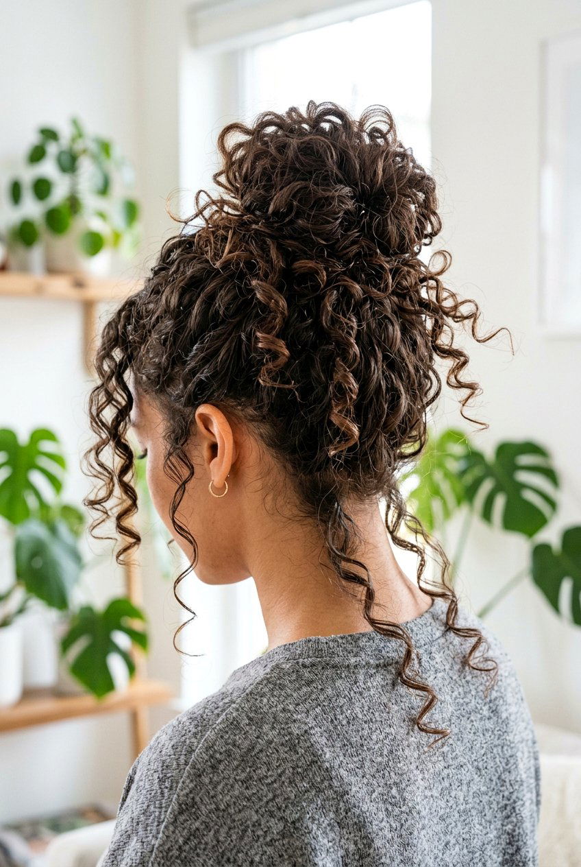 Messy curly bun - 20 hairstyles for curly hair - 20 hairstyles for curly hair