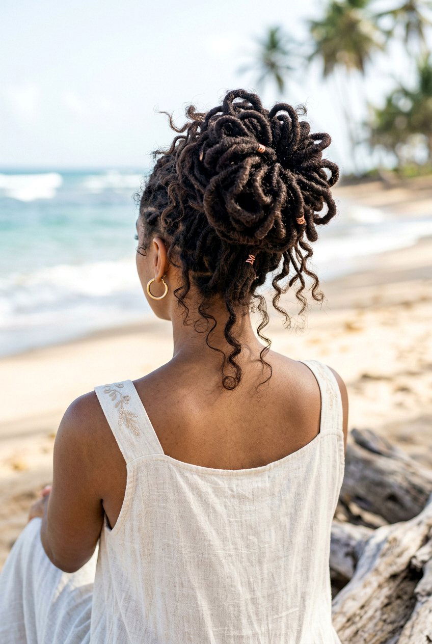 Messy loc petal bun - 20 loc petal bun hairstyle - 20 loc petal bun hairstyle