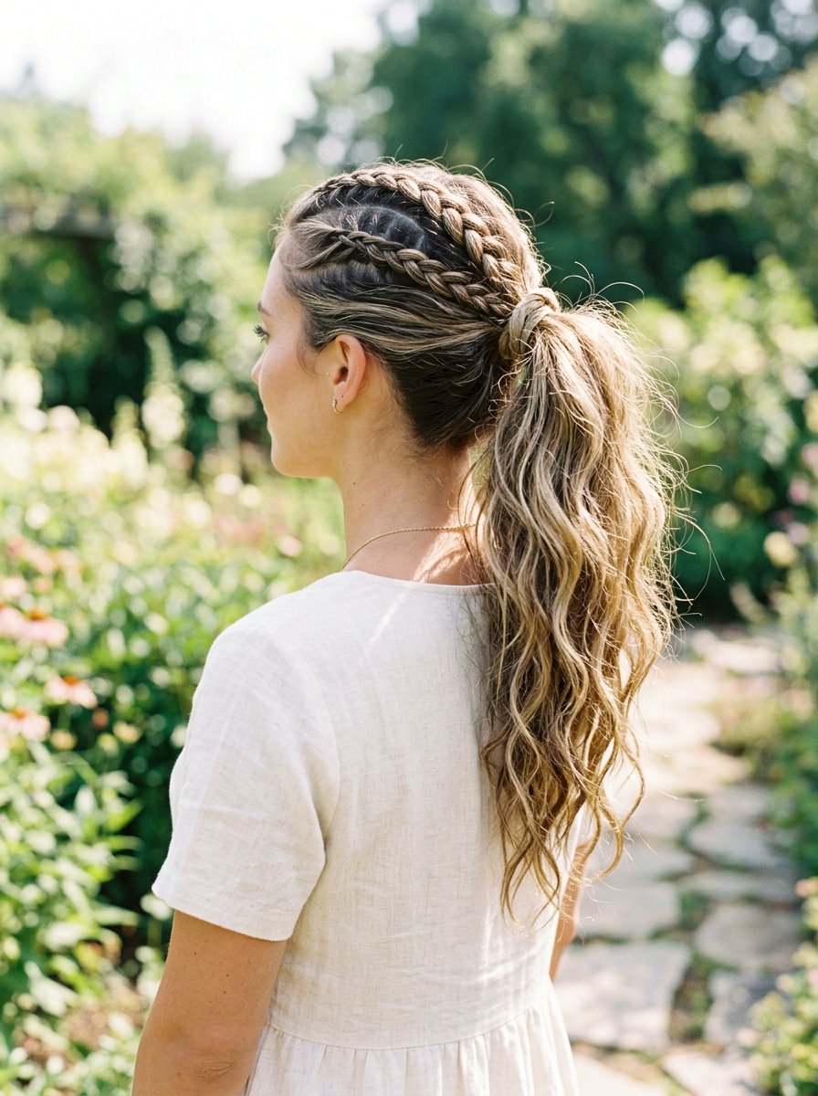 Messy ponytail with stitch braids - 20 stitch braids into ponytail - 20 stitch braids into ponytail