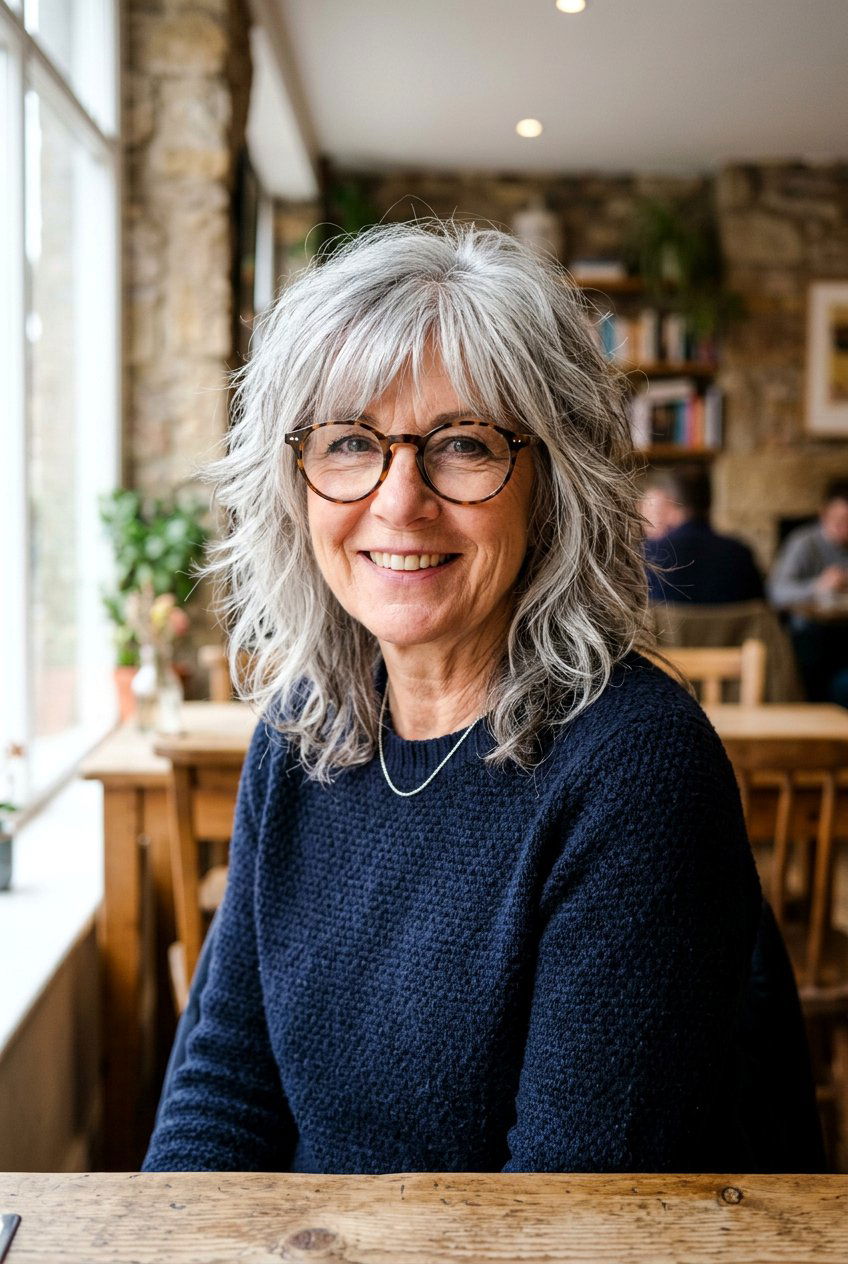 Messy shaggy cut with frames - 20 hairstyles for women over 50 with glasses - 20 hairstyles for women over 50 with glasses