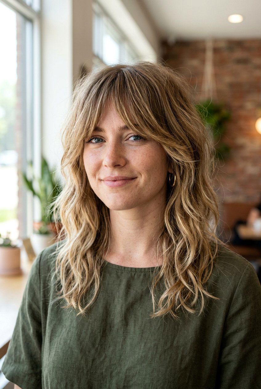 Messy shoulder length hair with long bangs - 20 shoulder length haircuts with bangs - 20 shoulder length haircuts with bangs