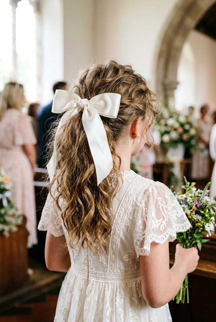Messy textured ponytail with satin bow - 20 communion ponytail hairstyle - 20 communion ponytail hairstyle