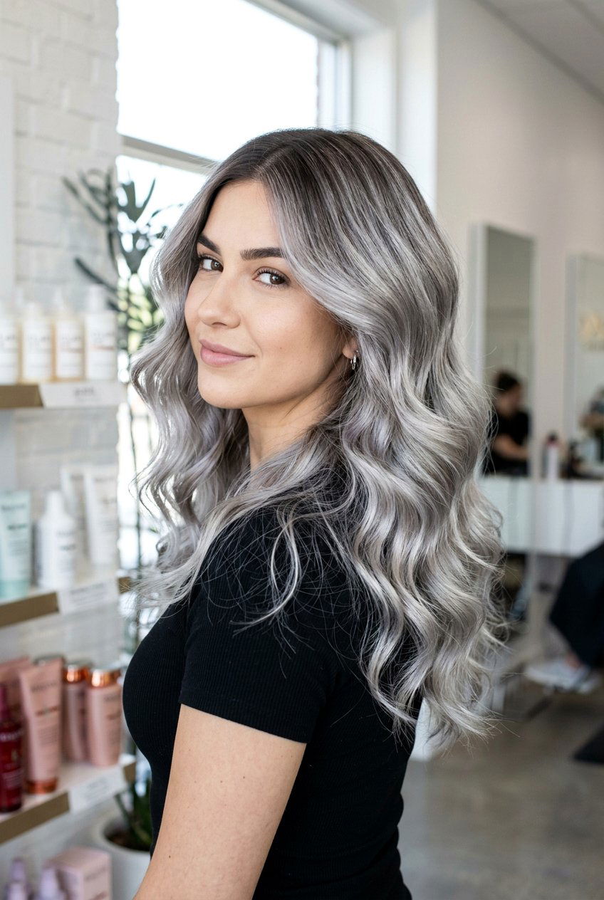 Metallic Silver Balayage Wavy Hair - 20 silver balayage for dark hair - 20 silver balayage for dark hair