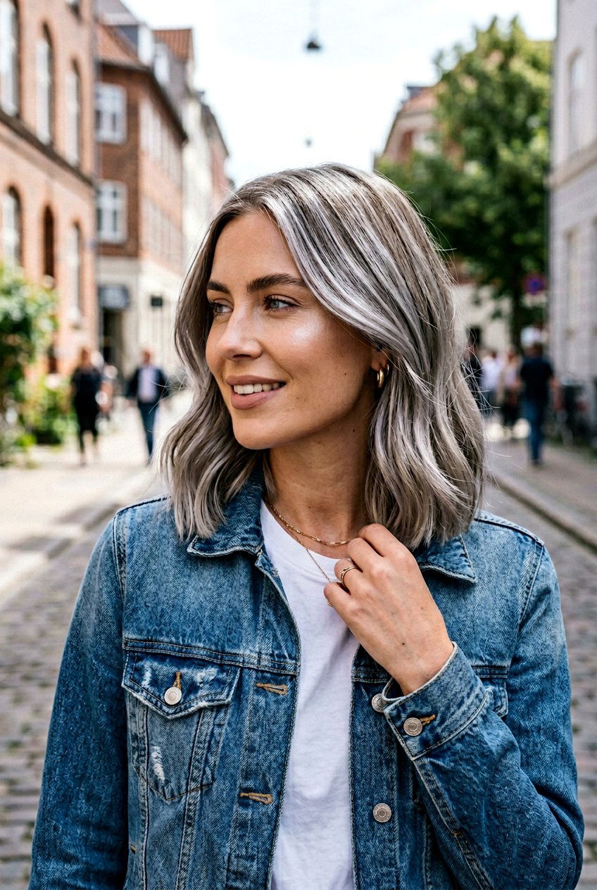 Metallic Silver Highlights On Ash Blonde Lob - 20 natural looking silver highlights - 20 natural looking silver highlights