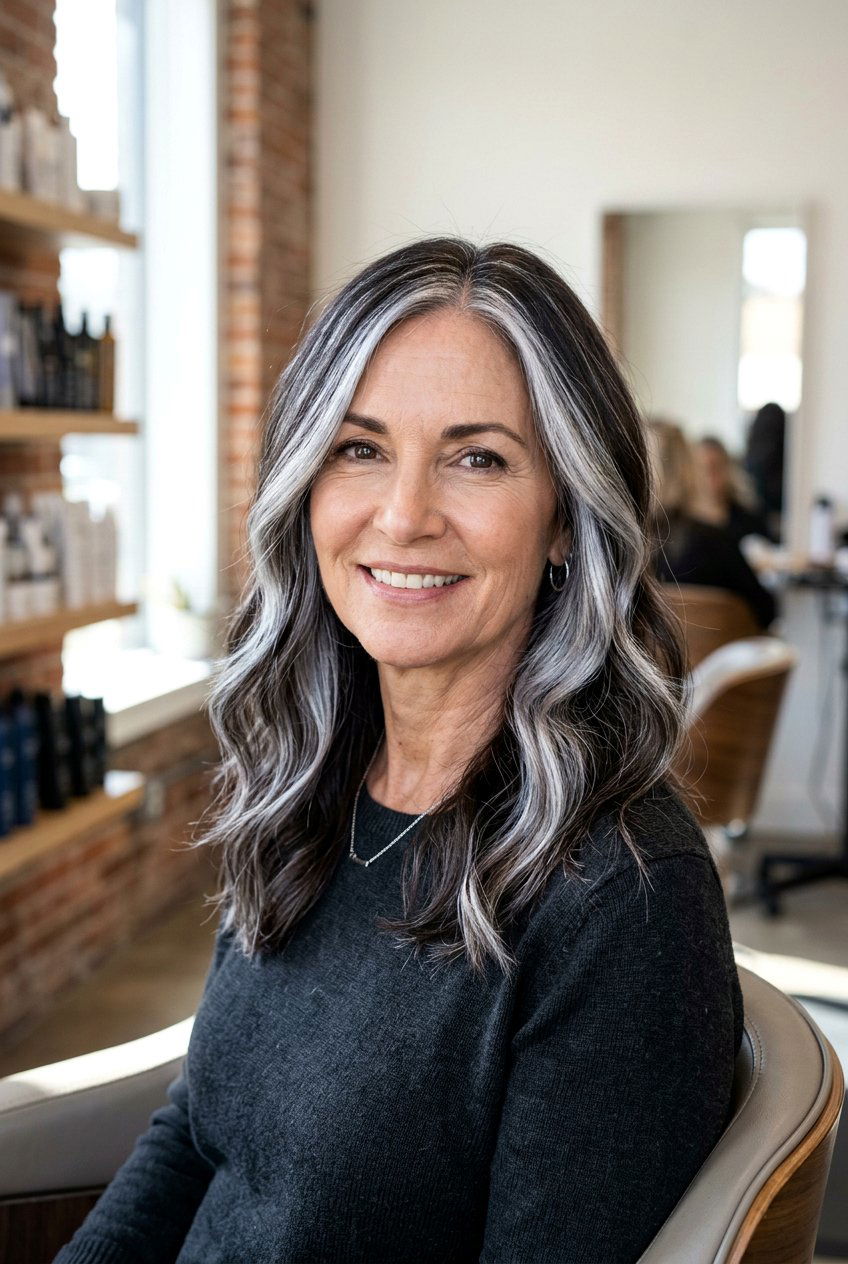 Metallic Silver Highlights on Dark Hair - 20 silver balayage for mature women - 20 silver balayage for mature women