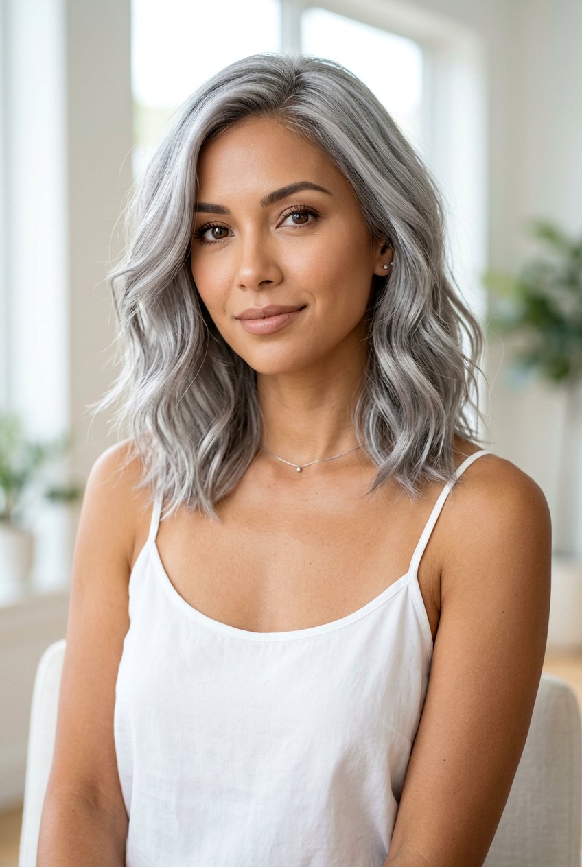 Metallic Silver Lob Haircut - 20 metallic silver hair color - 20 metallic silver hair color