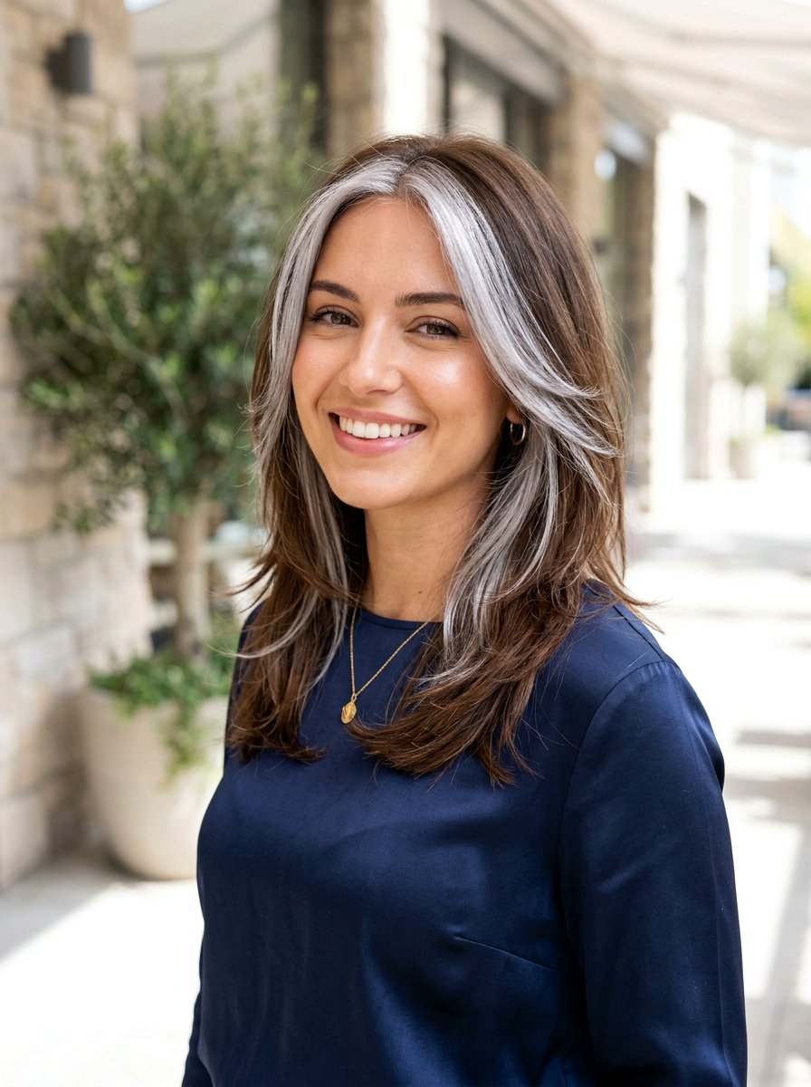 Metallic Silver Money Piece on Layered Mid Length - 20 silver money piece for gray transition - 20 silver money piece for gray transition