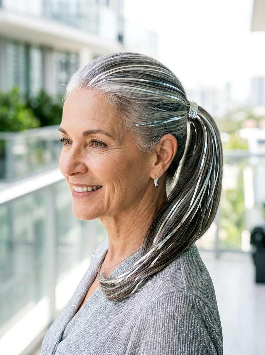 Metallic Silver Streaks - 20 silver highlights for women over 60 - 20 silver highlights for women over 60
