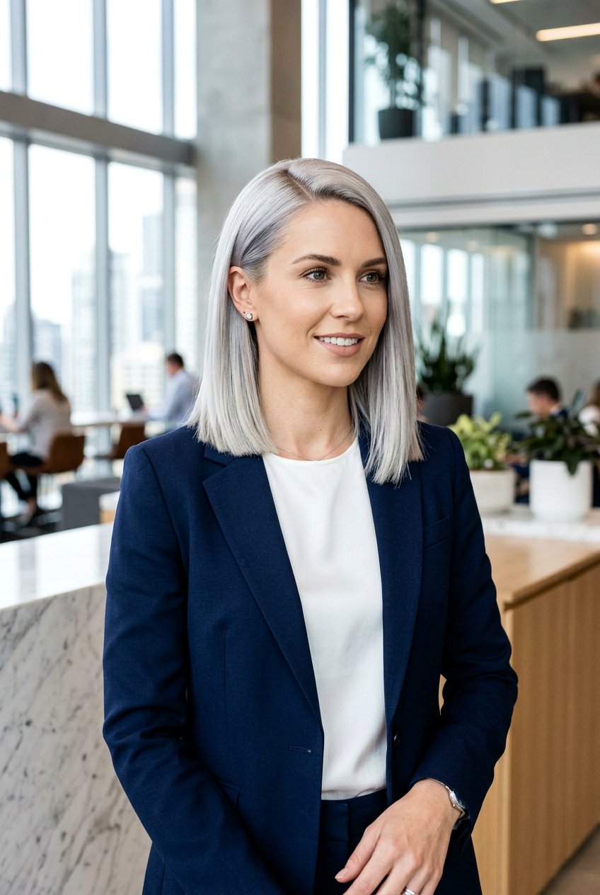 Metallic White Blonde Sleek Lob - 20 elegant white blonde hair color - 20 elegant white blonde hair color