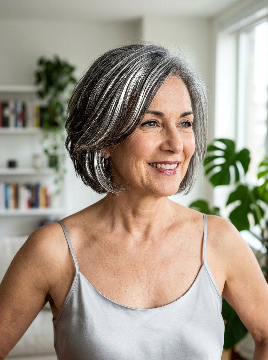 Metallic silver highlights on dark salt and pepper hair - 20 salt and pepper highlight ideas - 20 salt and pepper highlight ideas