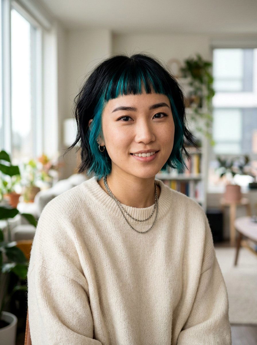 Micro Bangs With Teal Underlayer On Dark Hair - 20 teal underlayer on dark hair - 20 teal underlayer on dark hair