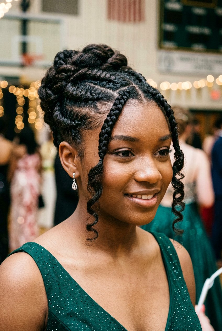 Micro Box Braids with Upswept Bun - 20 prom braid styles for black women - 20 prom braid styles for black women