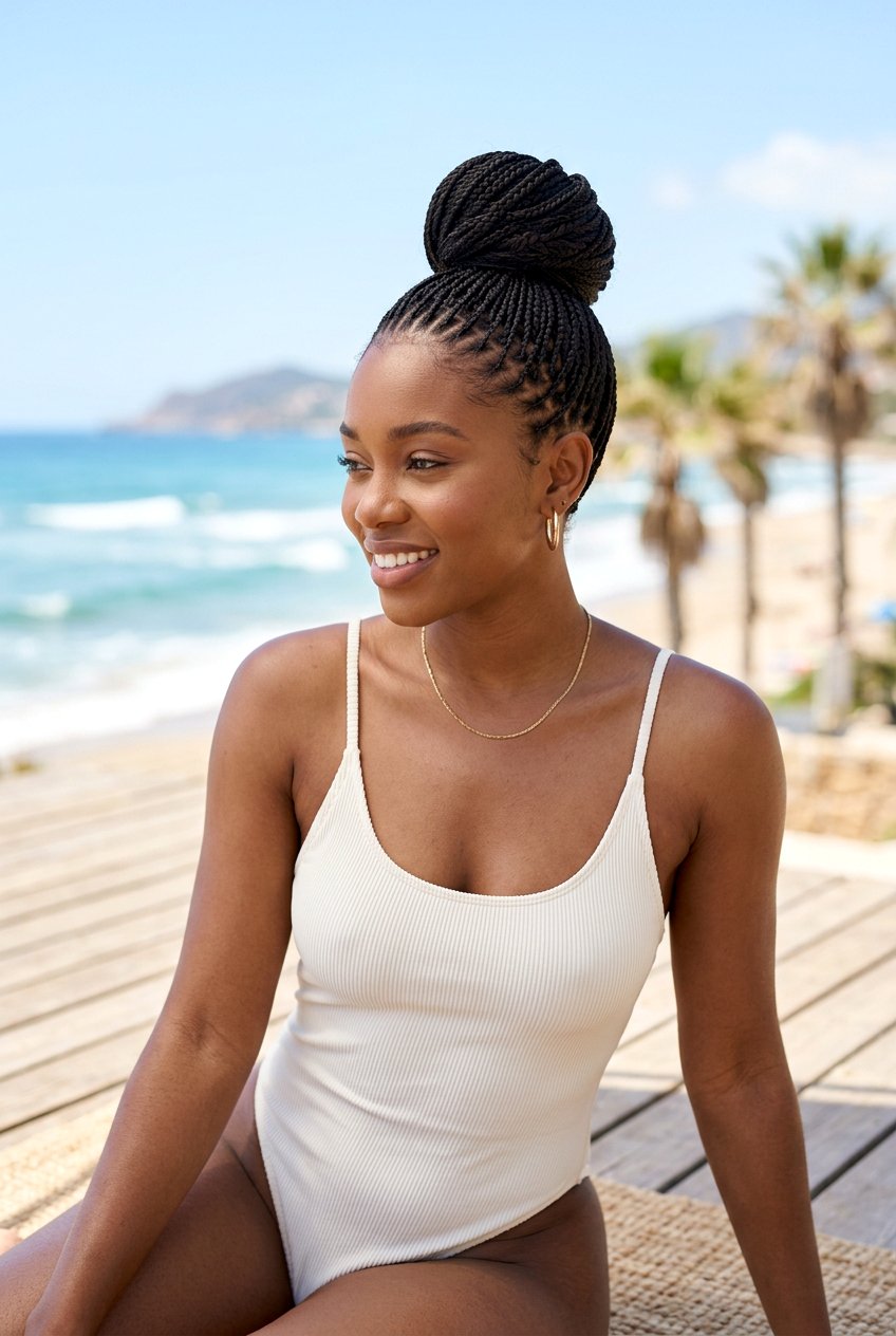 Micro Braid Accent Bun - 20 pool day braid bun hairstyle - 20 pool day braid bun hairstyle