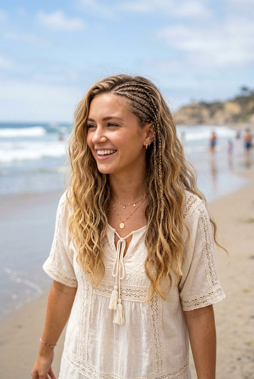 Micro Braid Accented Beach Waves - 20 beach hairstyle for vacation photos - 20 beach hairstyle for vacation photos