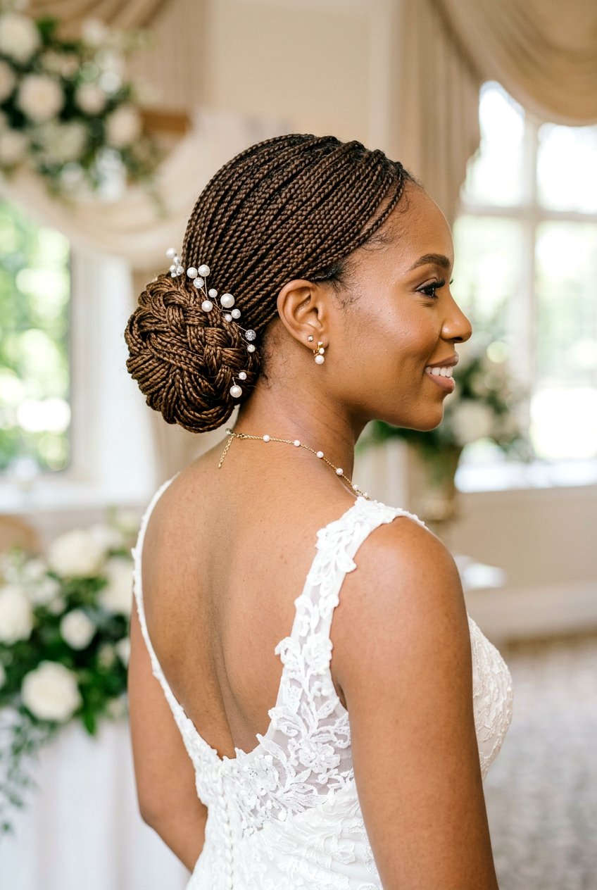 Micro Braid Low Bun - 20 bridal braid styles for black women - 20 bridal braid styles for black women
