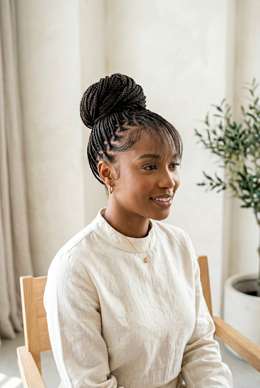 Micro Braided Bun With Delicate Swoop - 20 braided bun with swoop bangs - 20 braided bun with swoop bangs