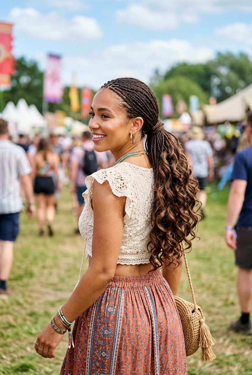 Micro Braided Low Ponytail With Voluminous Waves - 20 braided low ponytail with waves - 20 braided low ponytail with waves