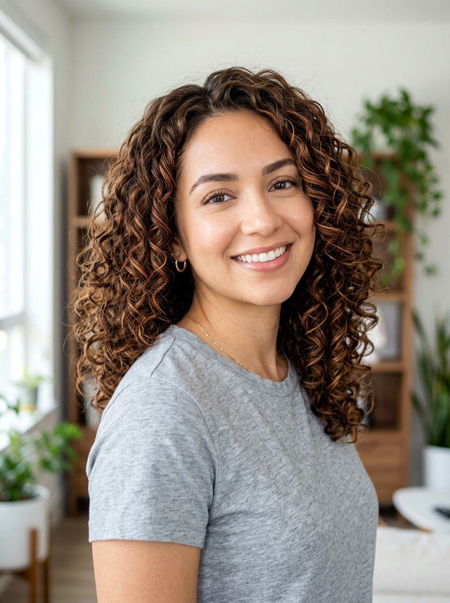 Micro Copper Ribbons On Medium Brown Curls - 20 copper ribbons for medium brown hair - 20 copper ribbons for medium brown hair