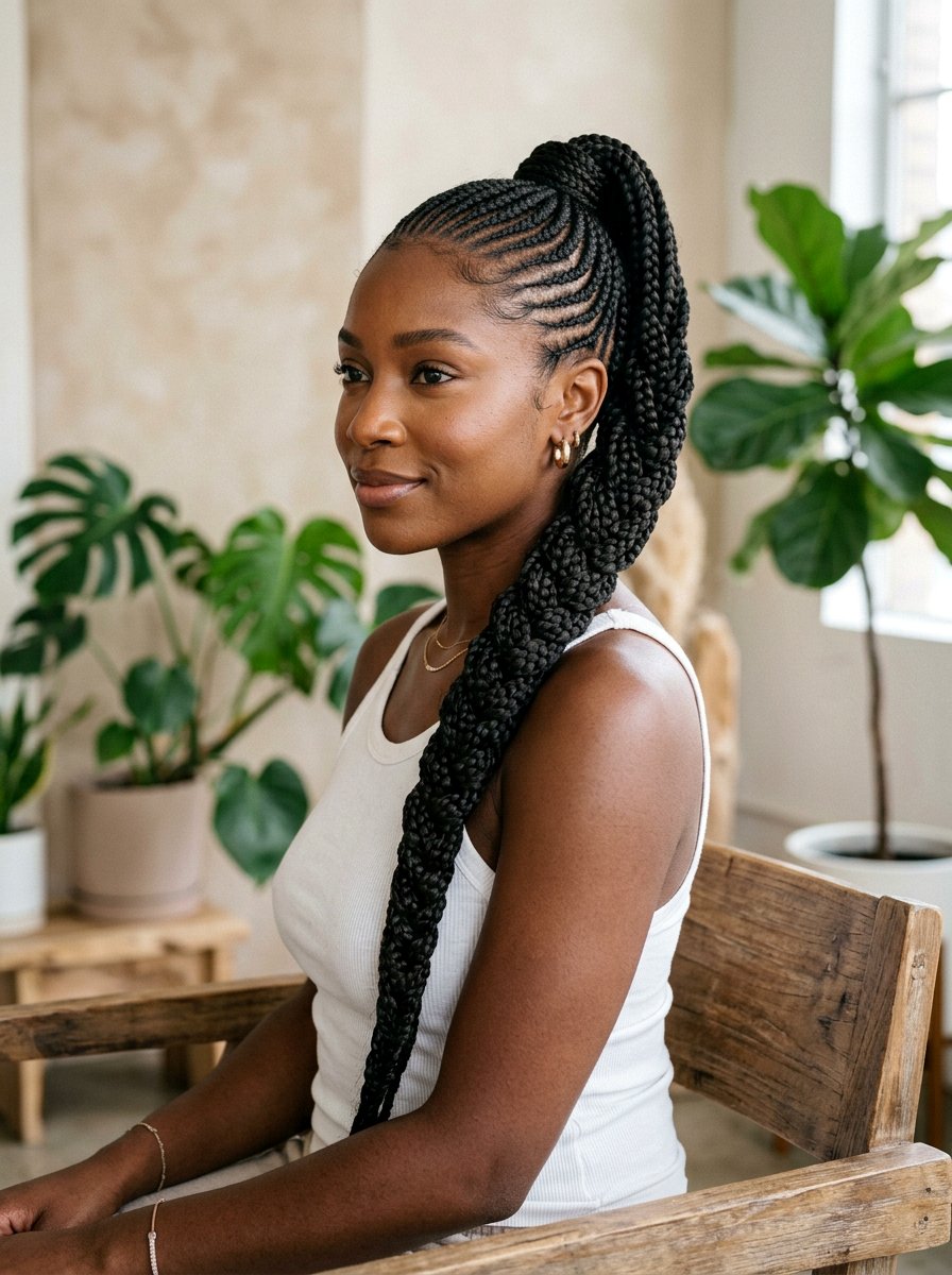 Micro Cornrows With Long Braided Ponytail - 20 straight back cornrows with ponytail - 20 straight back cornrows with ponytail