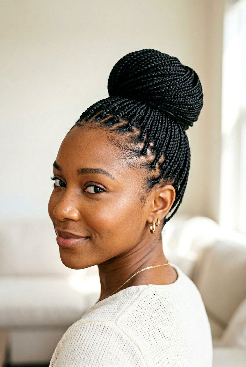 Micro box braids bun - 20 box braids bun hairstyle - 20 box braids bun hairstyle