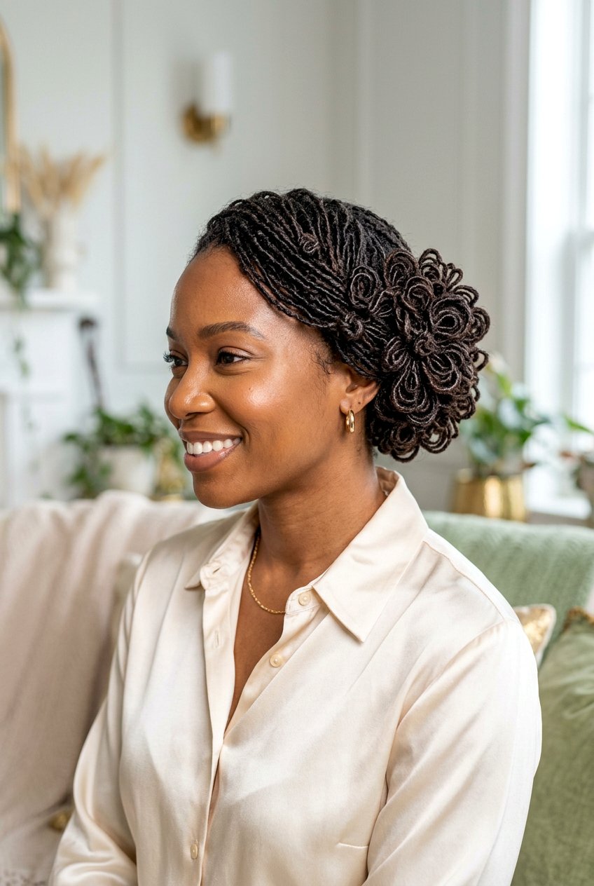 Micro loc petal bun - 20 loc petal bun hairstyle - 20 loc petal bun hairstyle