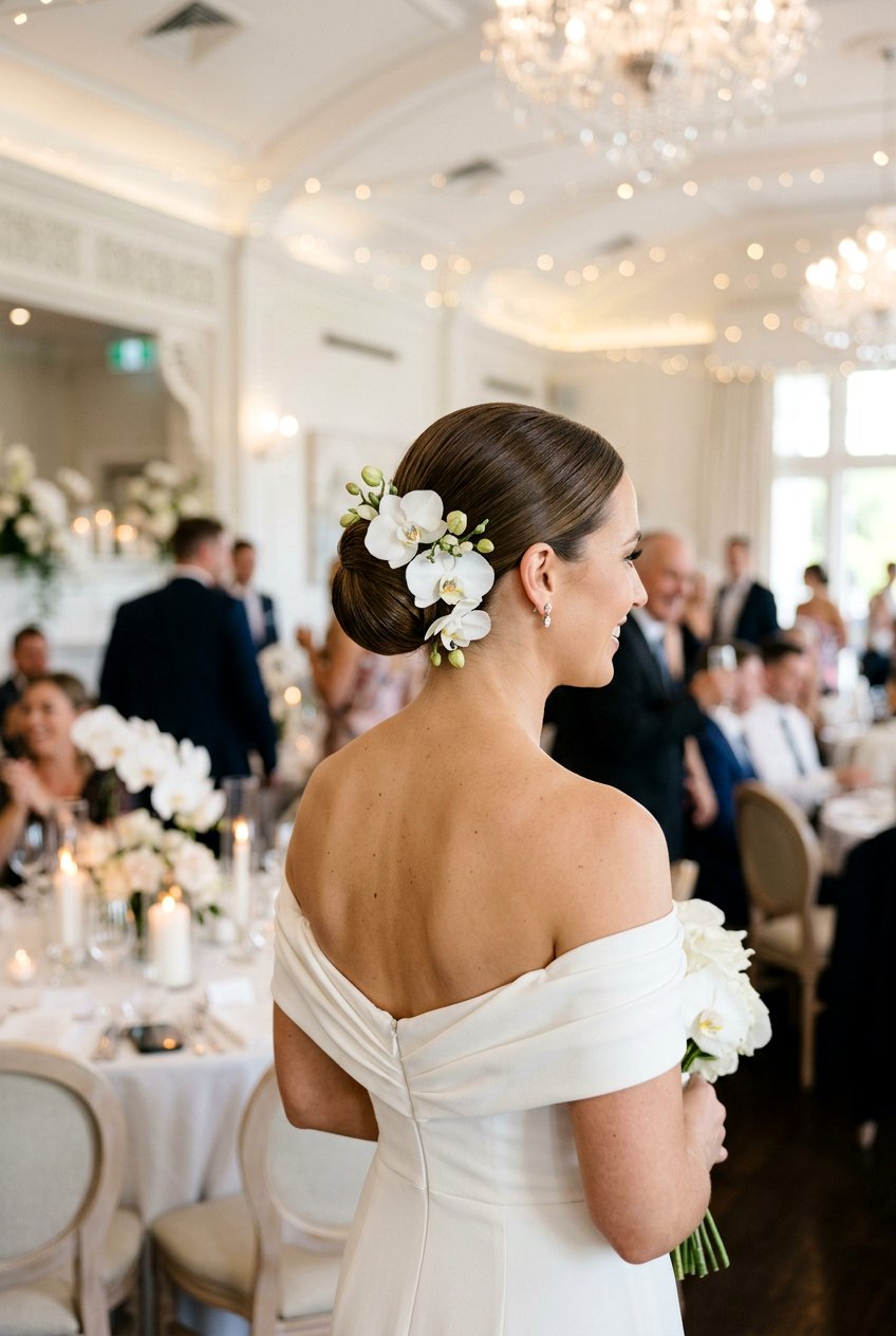Mid Bun With Orchids For Wedding - 20 wedding bun with flowers - 20 wedding bun with flowers
