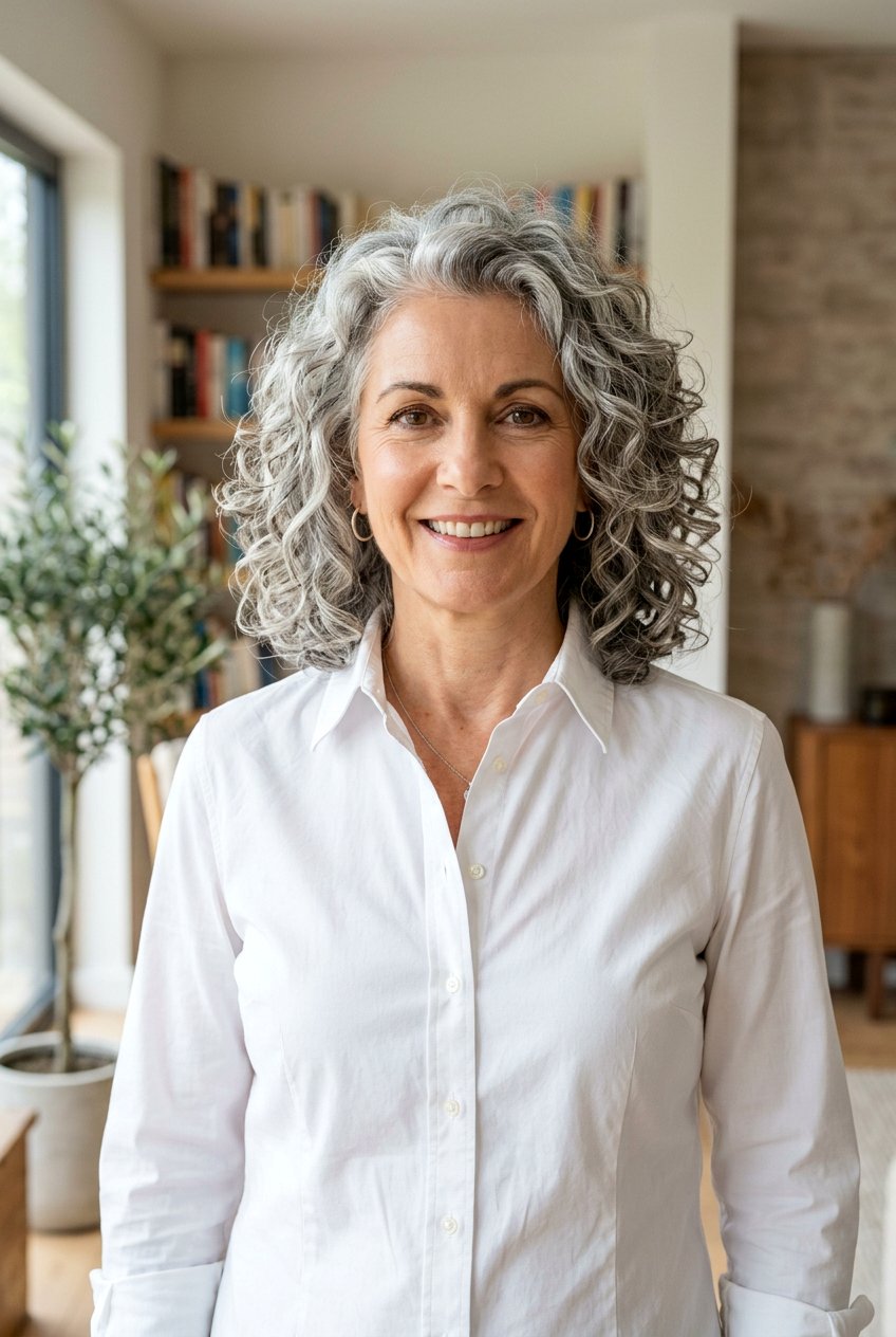 Mid Length Gray Curls - 20 natural gray curly hairstyles - 20 natural gray curly hairstyles