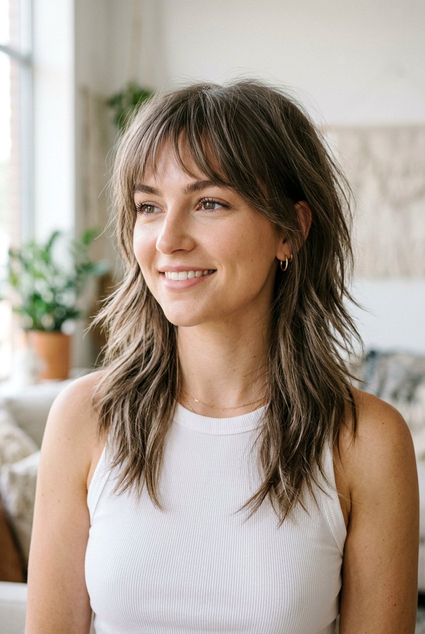 Mid Length Razor Shag With Wispy Fringe - 20 shag haircut with wispy fringe - 20 shag haircut with wispy fringe