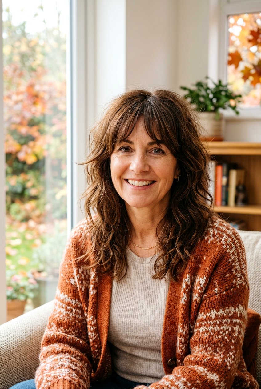 Mid Length Shag With Curtain Bangs - 20 layered haircut for women over 50 with round face - 20 layered haircut for women over 50 with round face