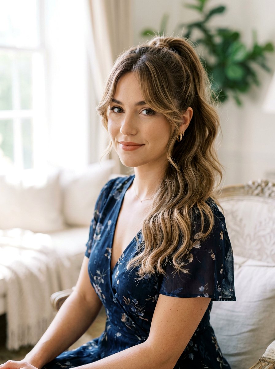 Mid Ponytail With Curtain Bangs For Parties - 20 party ponytail with face framing pieces - 20 party ponytail with face framing pieces