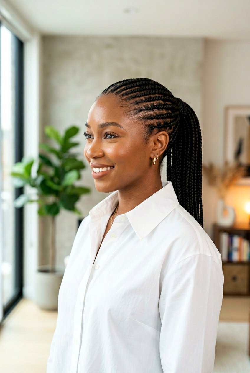 Middle Part Braided Ponytail - 20 black women office braid ponytail styles - 20 black women office braid ponytail styles