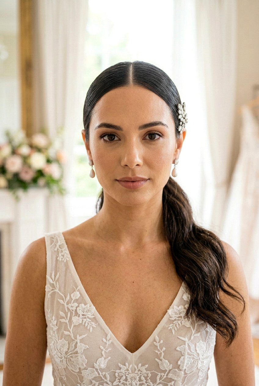 Middle Part Bridal Ponytail With Crystal Pins - 20 bridal ponytail with crystal pins - 20 bridal ponytail with crystal pins