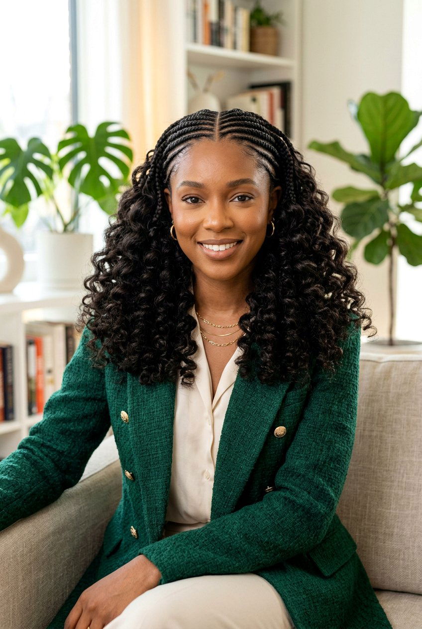 Middle Part Cornrows With Voluminous Curls - 20 straight back cornrows with curly ends - 20 straight back cornrows with curly ends