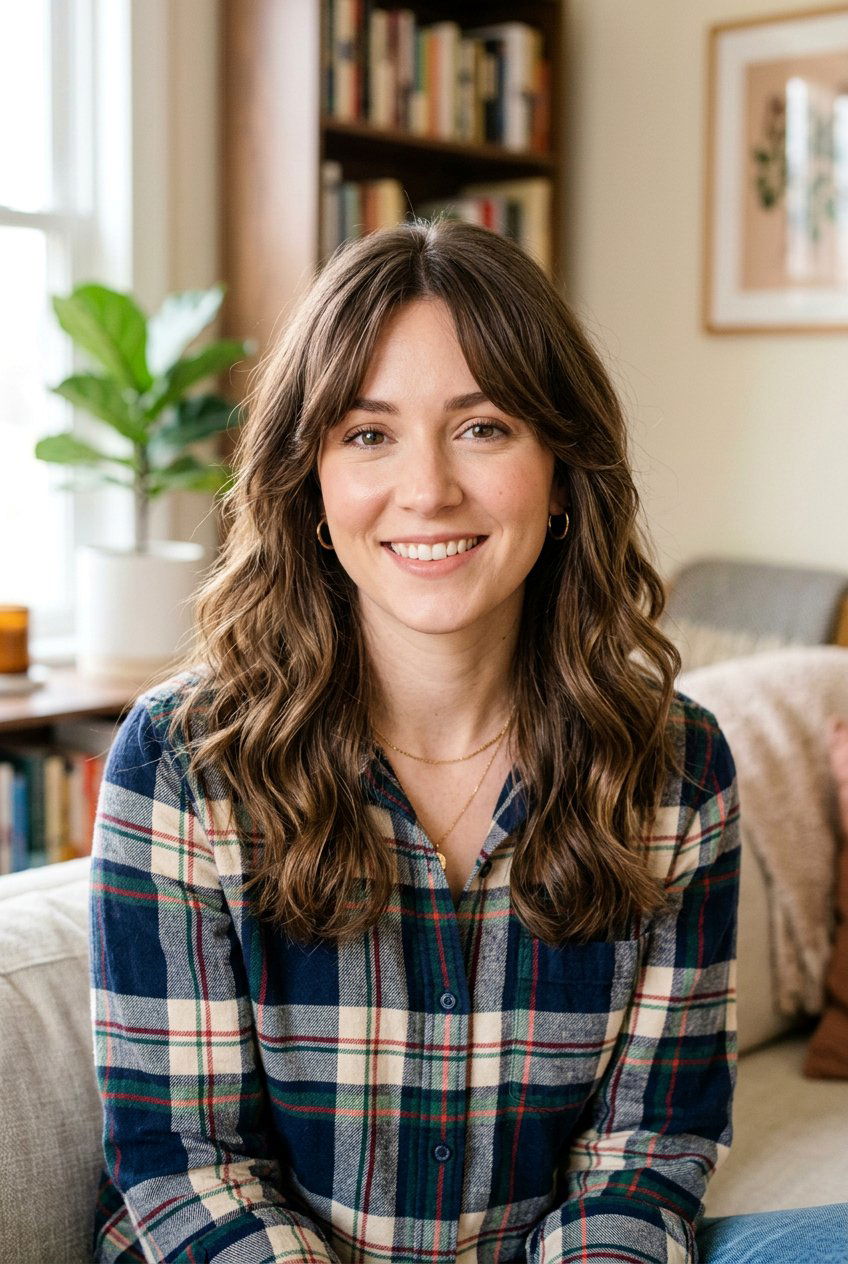 Middle Part Loose Waves With Curtain Bangs - 20 first day of college hairstyle - 20 first day of college hairstyle