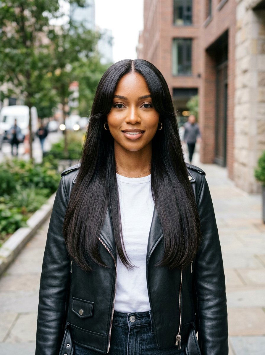 Middle Part Silk Press Curtain Bangs - 20 silk press with curtain bangs - 20 silk press with curtain bangs