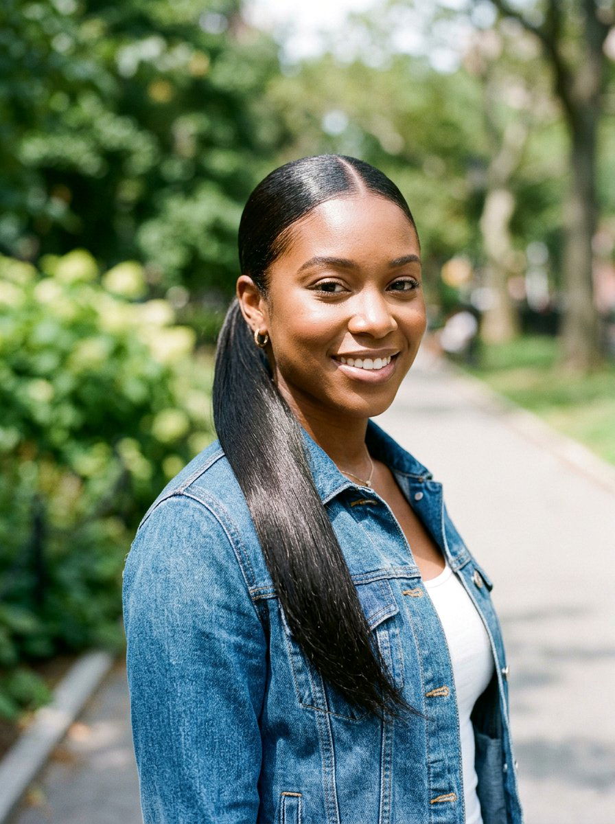 Middle Part Silk Press Ponytail - 20 silk press ponytail hairstyle - 20 silk press ponytail hairstyle