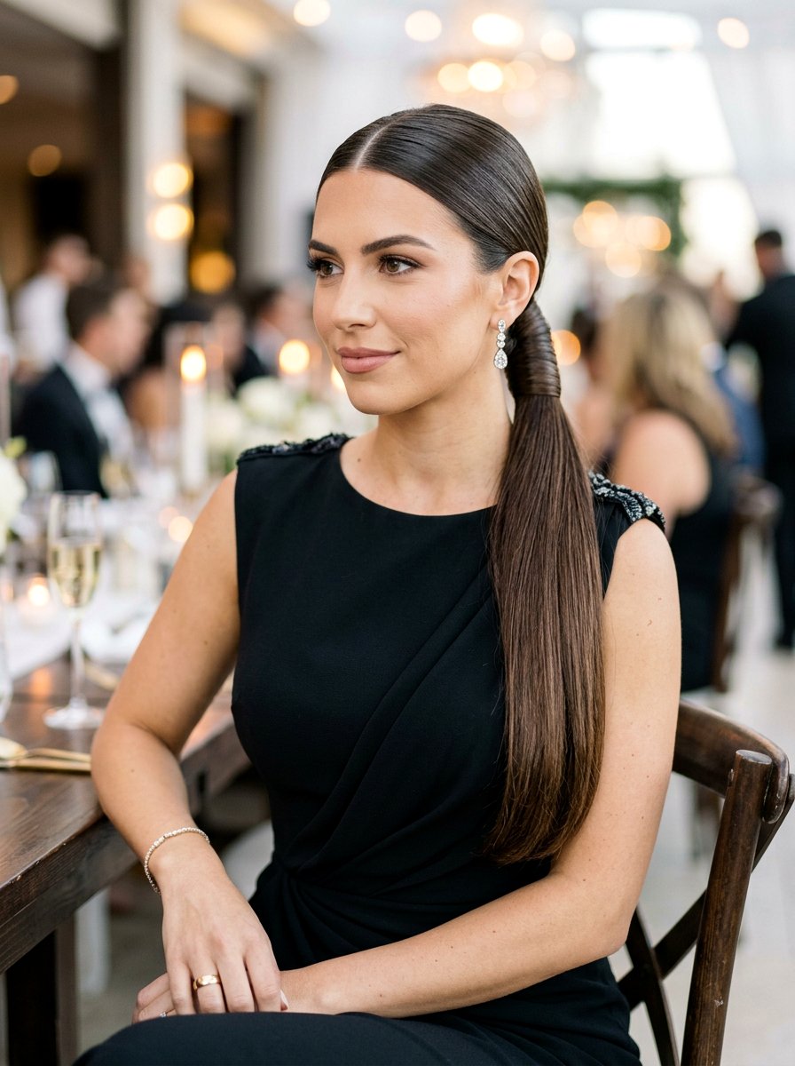 Middle Part Sleek Ponytail With Wrapped Hair - 20 date night hairstyle with soft glam ponytail - 20 date night hairstyle with soft glam ponytail