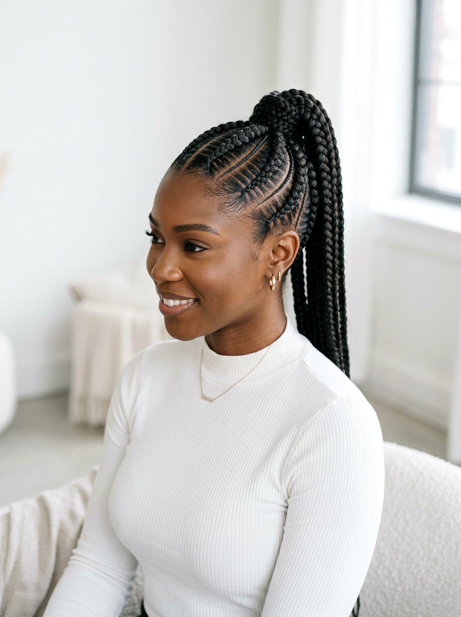 Middle part stitch braids into ponytail - 20 stitch braids into ponytail - 20 stitch braids into ponytail
