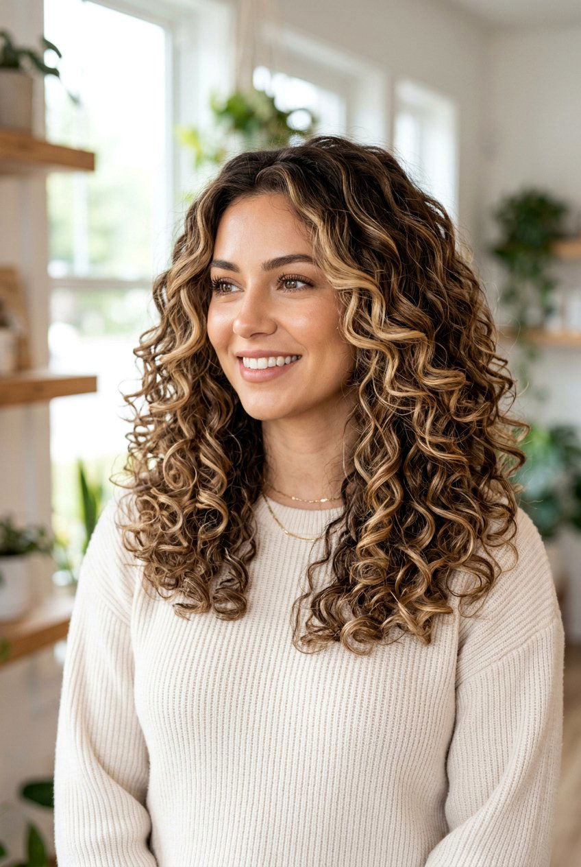 Milk Chocolate Base with Blonde Balayage Curls - 20 blonde balayage for curly hair - 20 blonde balayage for curly hair