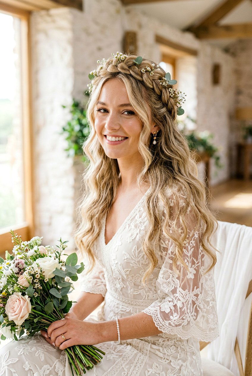 Milkmaid Braid Crown Half Up Style - 20 bridal half up with braid crown - 20 bridal half up with braid crown