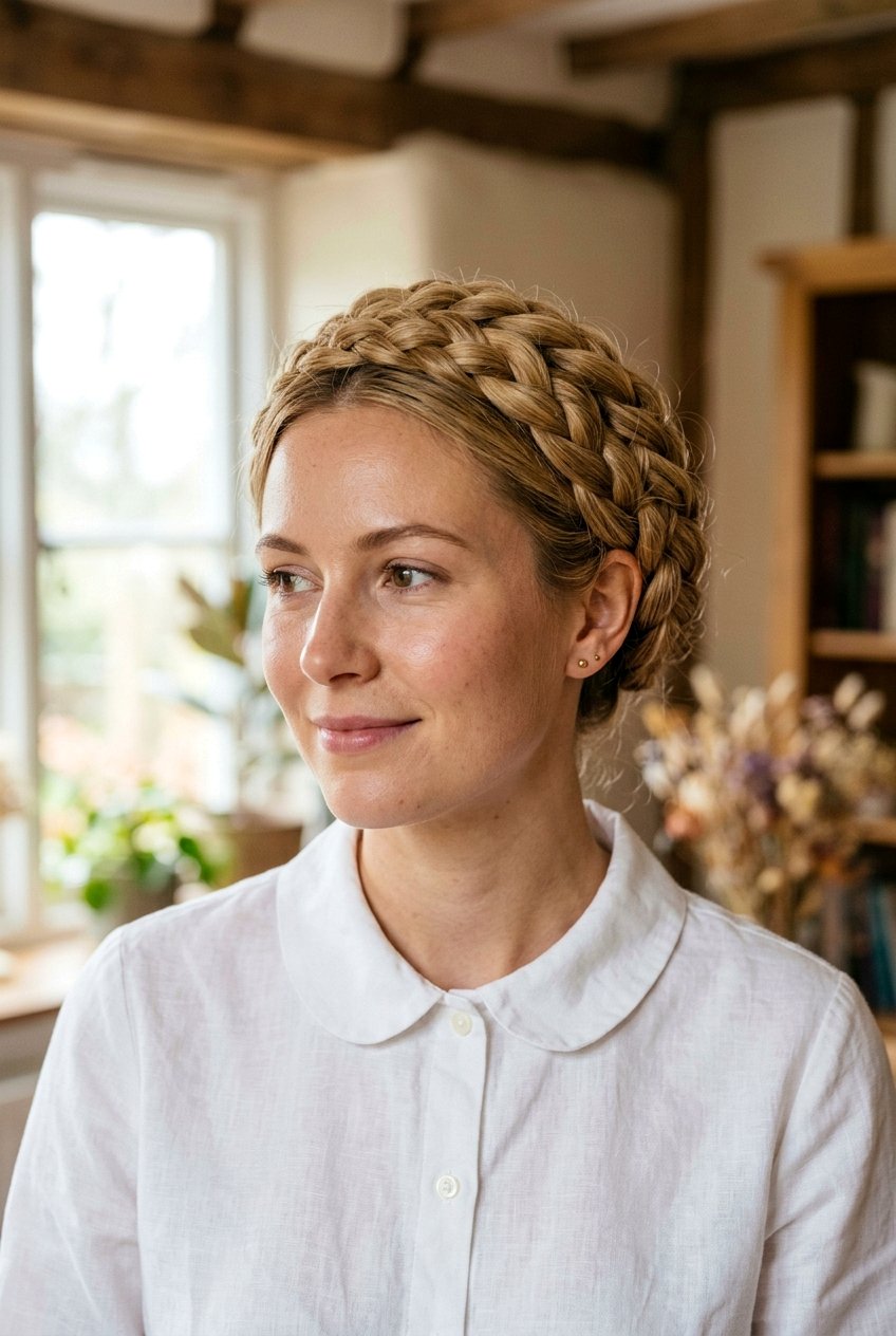 Milkmaid Braid Updo - 20 light academia braid hairstyle - 20 light academia braid hairstyle